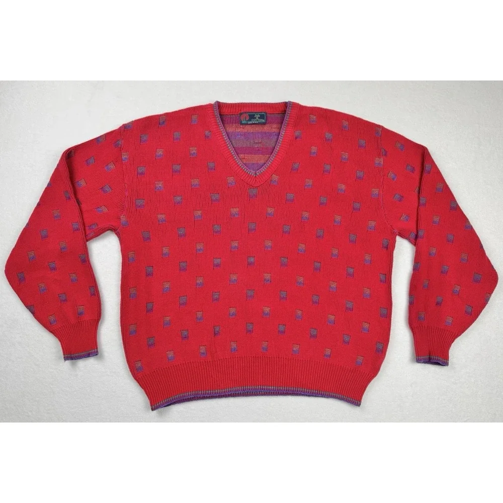 Vintage Isle of Cotton USA Red Pattern Knit Sweater‎ 90s V Neck Mens L XL